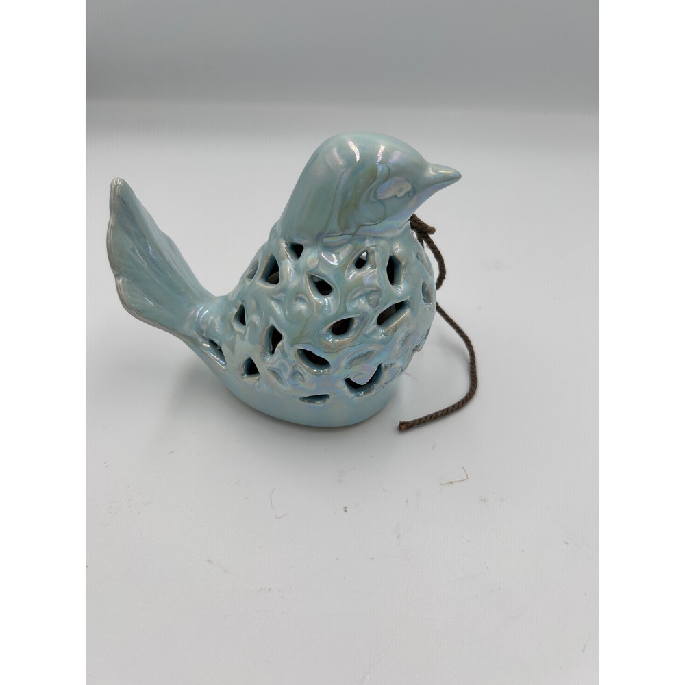 Iridescent Blue Ceramic Bird Sachet Ornament Openwork Lattice Figurine 2016